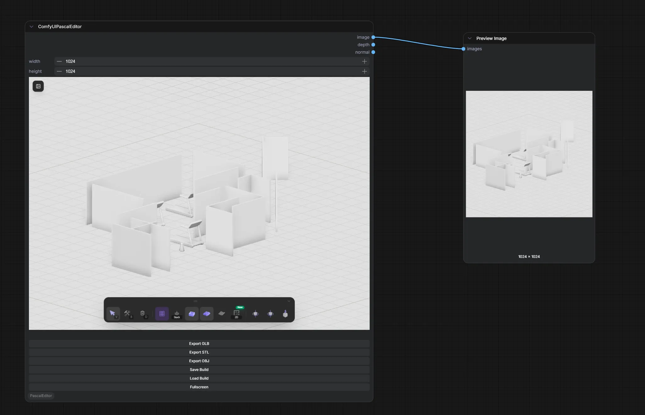一个将 Pascal Editor（全功能 3D 建筑编辑器）直接集成到 ComfyUI 工作流中的插件